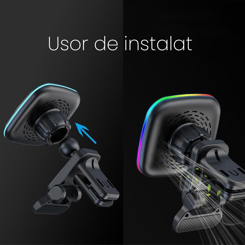Incarcator Wireless Auto, Statie de Incarcare Magnetica 15W, 18 Magneti Puternici, Lumina LED, Racire Multistrat, Compatibil iOS si Android, Plastic ABS, Negru