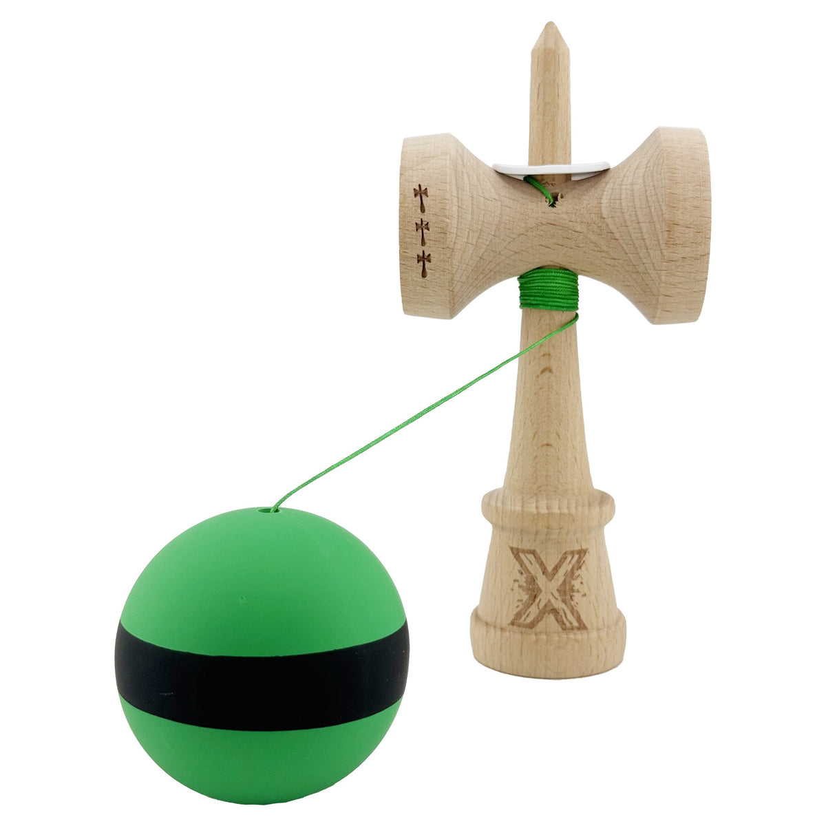 Kendama X Originala, Model V3 Verde / Negru / Verde, Profesionala, Cupe Mari King Size, Rubber Grip, Gaura in Baza, Rulment, Ata 62cm