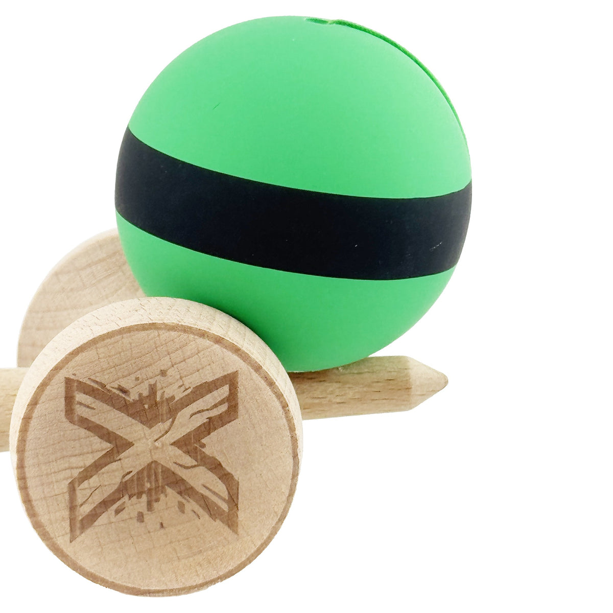 Kendama X Originala, Model V3 Verde / Negru / Verde, Profesionala, Cupe Mari King Size, Rubber Grip, Gaura in Baza, Rulment, Ata 62cm