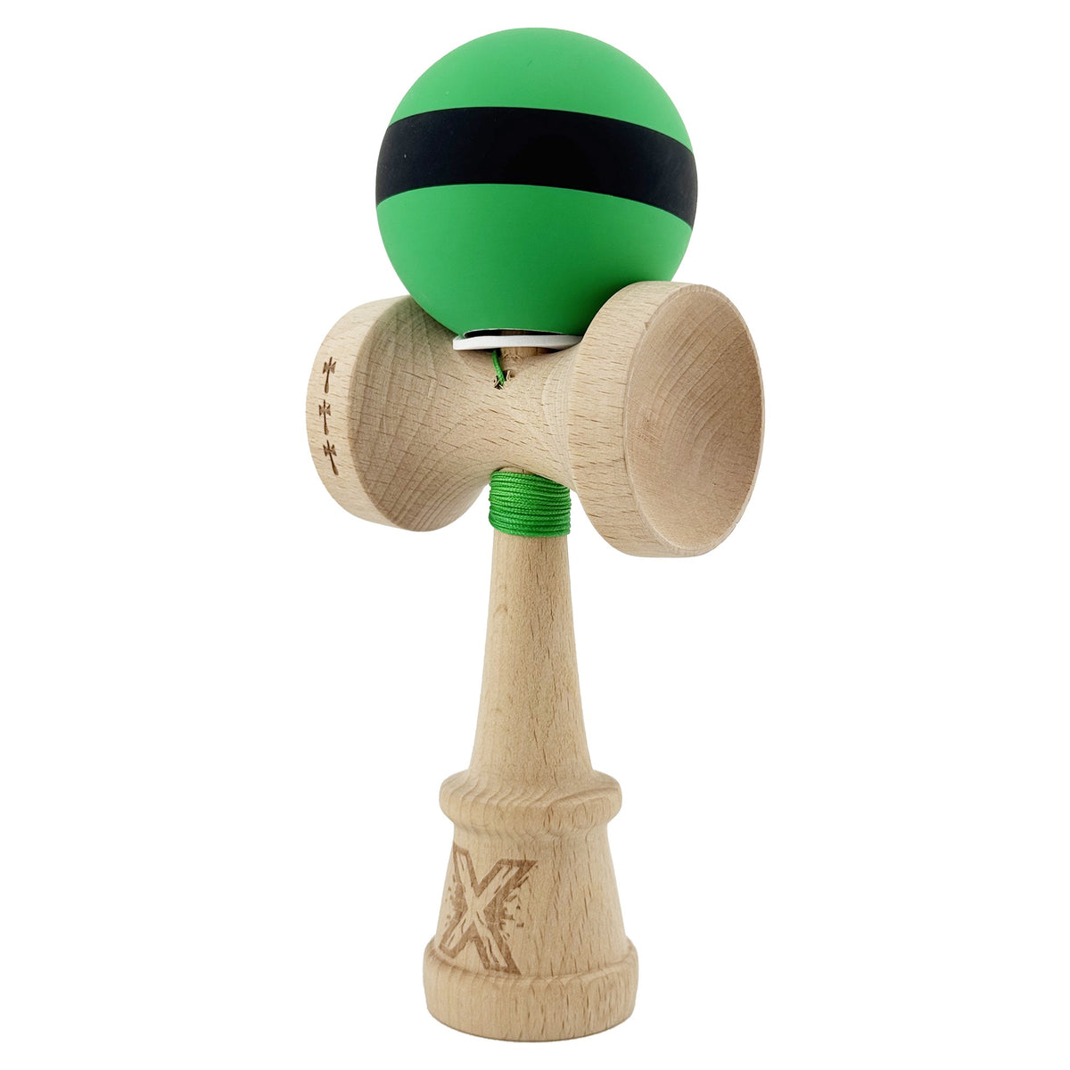 Kendama X Originala, Model V3 Verde / Negru / Verde, Profesionala, Cupe Mari King Size, Rubber Grip, Gaura in Baza, Rulment, Ata 62cm