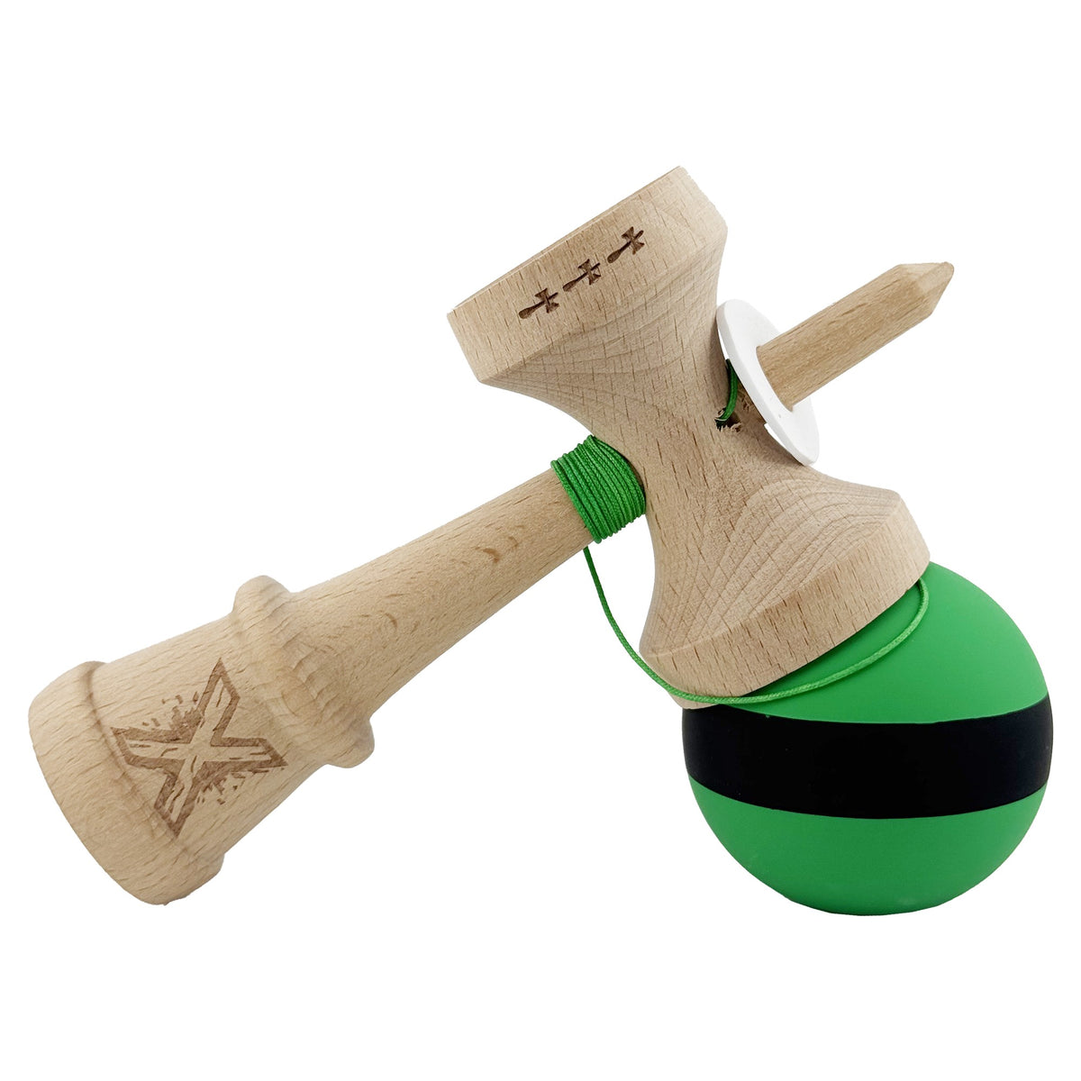 Kendama X Originala, Model V3 Verde / Negru / Verde, Profesionala, Cupe Mari King Size, Rubber Grip, Gaura in Baza, Rulment, Ata 62cm