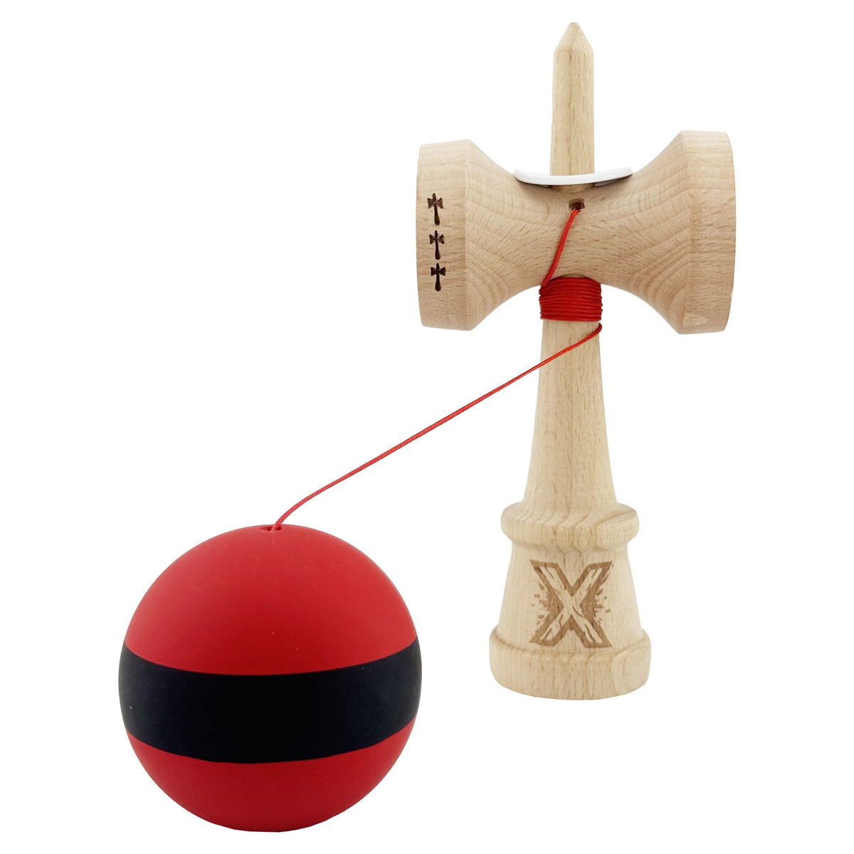 Kendama X Originala, Model V3 Rosu / Negru, Profesionala, Cupe Mari King Size, Rubber Grip, Gaura in Baza, Rulment, Ata 62cm