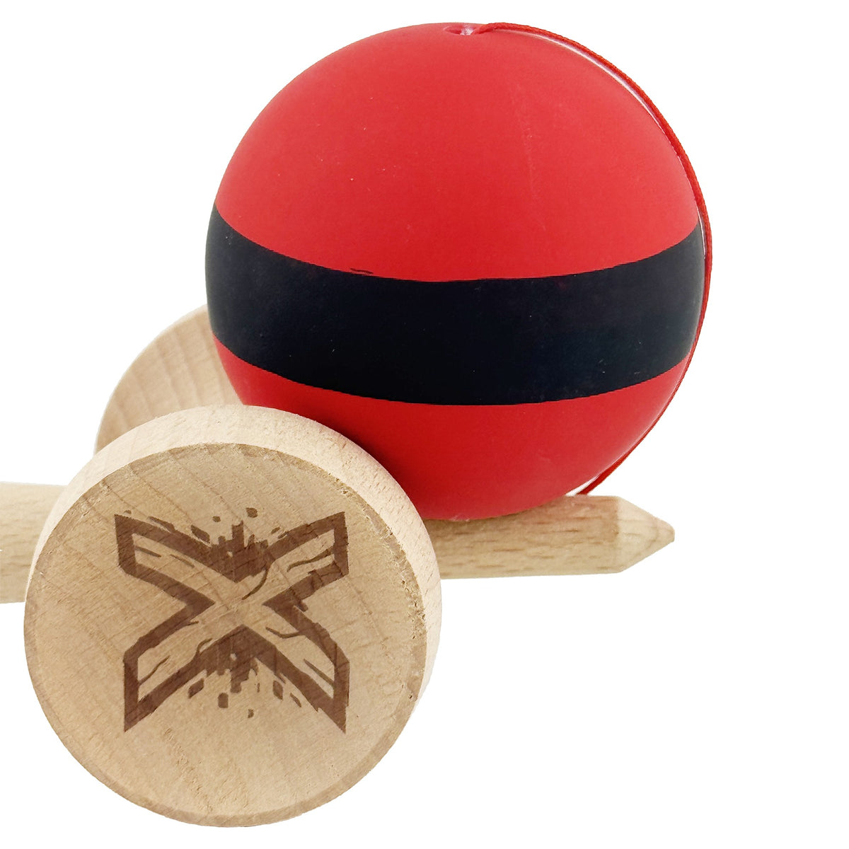 Kendama X Originala, Model V3 Rosu / Negru, Profesionala, Cupe Mari King Size, Rubber Grip, Gaura in Baza, Rulment, Ata 62cm