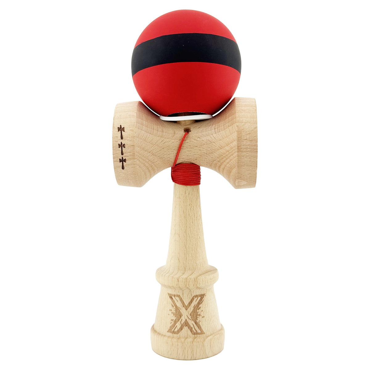Kendama X Originala, Model V3 Rosu / Negru, Profesionala, Cupe Mari King Size, Rubber Grip, Gaura in Baza, Rulment, Ata 62cm