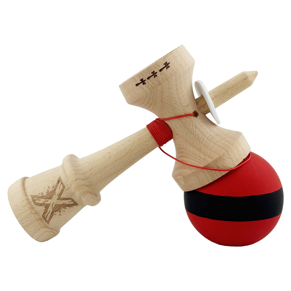 Kendama X Originala, Model V3 Rosu / Negru, Profesionala, Cupe Mari King Size, Rubber Grip, Gaura in Baza, Rulment, Ata 62cm