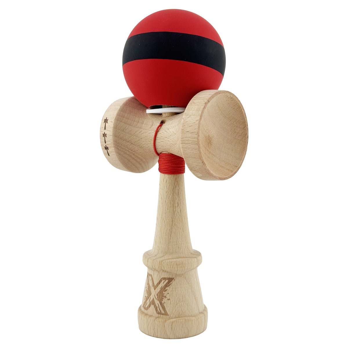 Kendama X Originala, Model V3 Rosu / Negru, Profesionala, Cupe Mari King Size, Rubber Grip, Gaura in Baza, Rulment, Ata 62cm