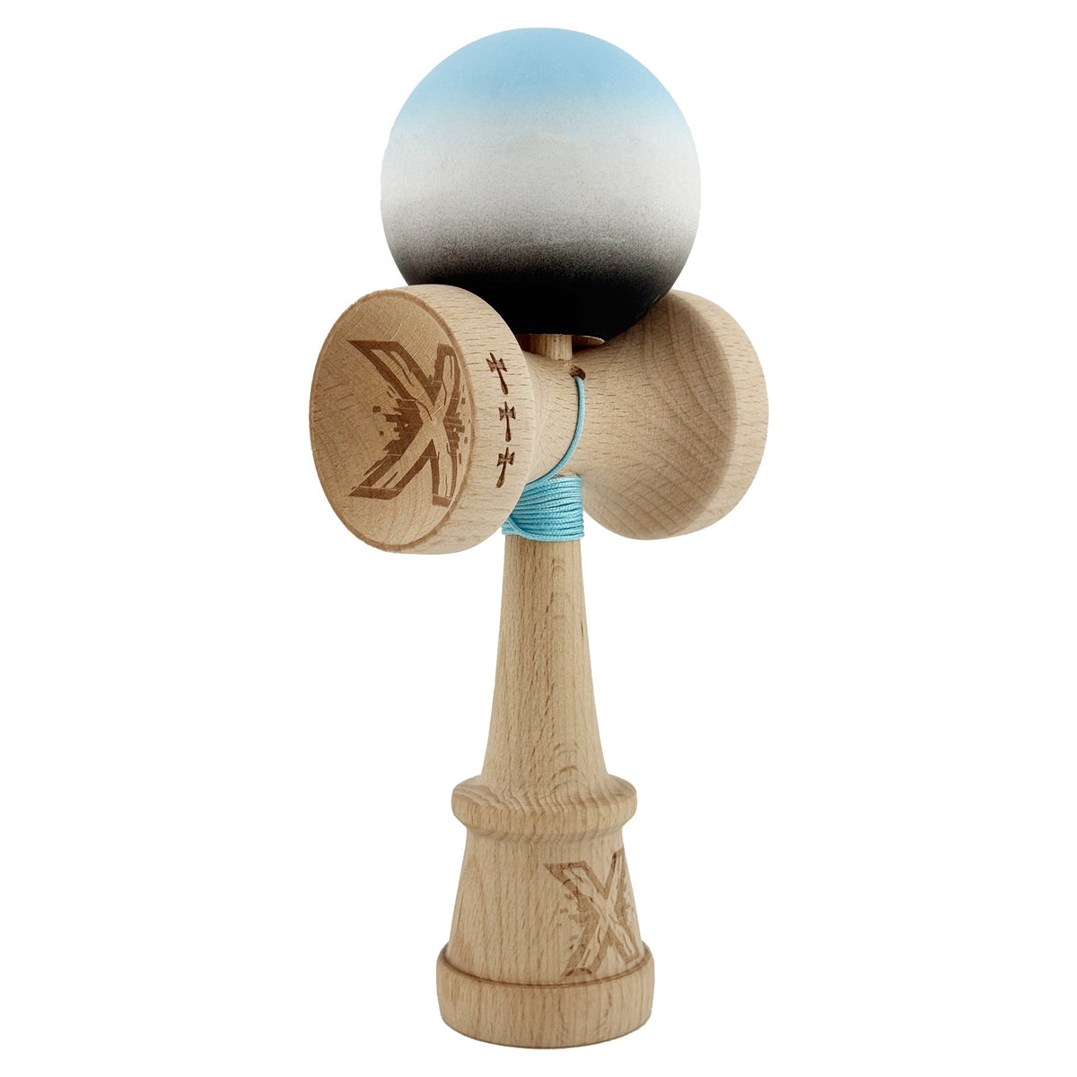 Kendama X Originala, Model V3 Albastru Deschis / Alb / Negru in Degrade, Profesionala, Cupe Mari King Size, Rubber Grip, Gaura in Baza, Rulment, Ata 62cm
