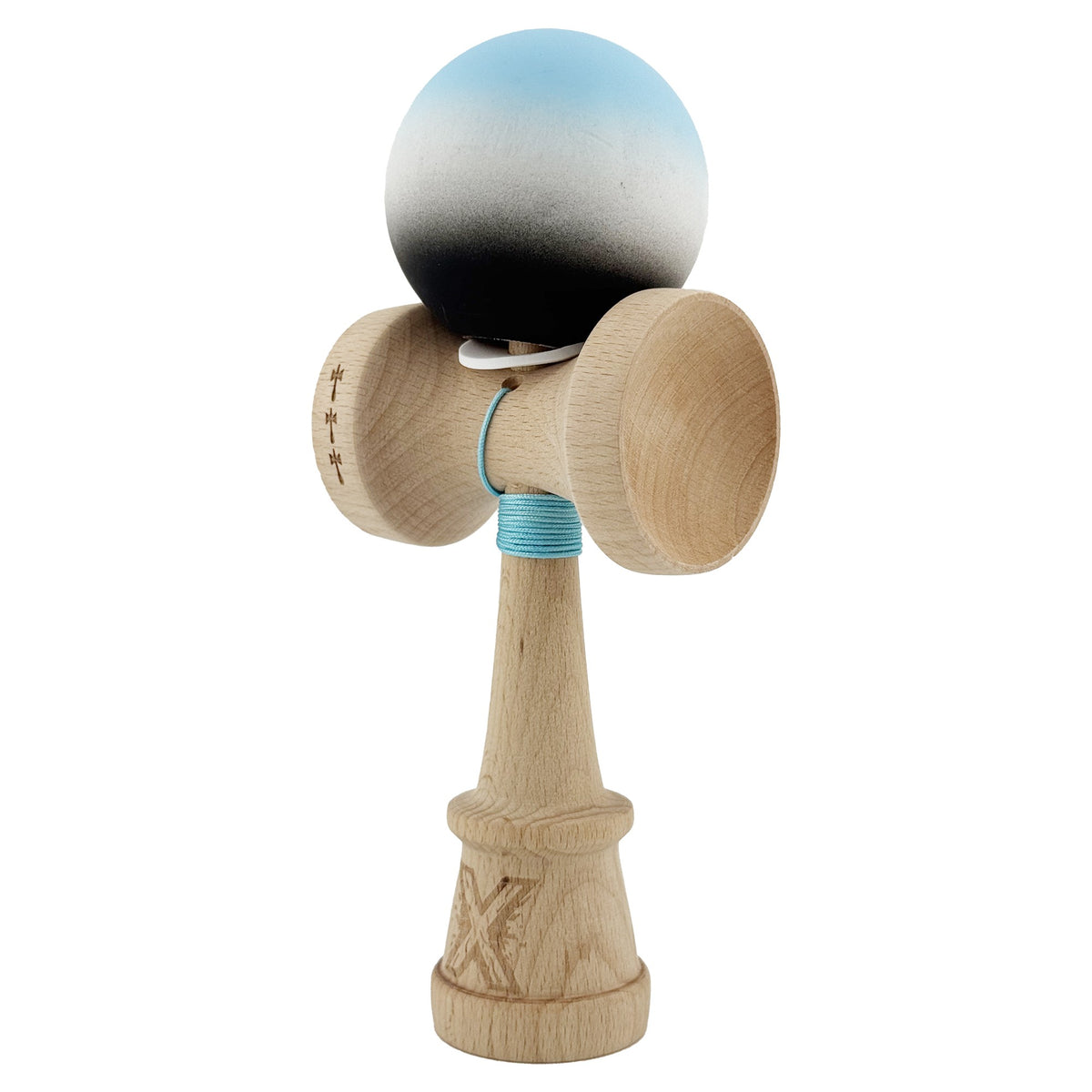 Kendama X Originala, Model V3 Albastru Deschis / Alb / Negru in Degrade, Profesionala, Cupe Mari King Size, Rubber Grip, Gaura in Baza, Rulment, Ata 62cm