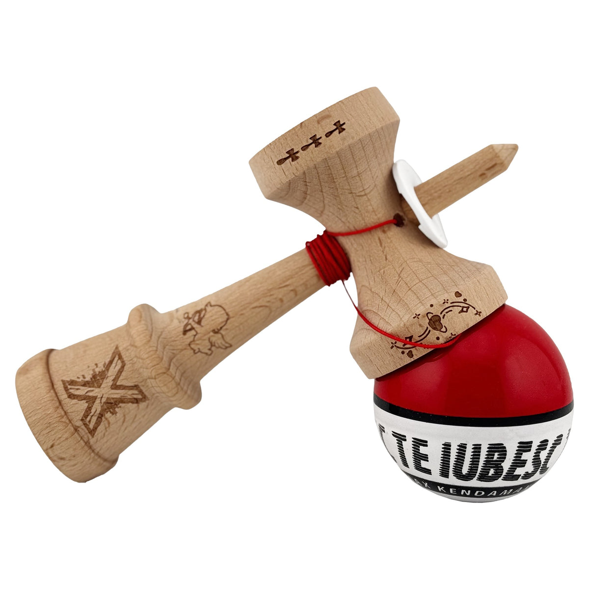 Kendama X Valentine's Day Originala, Model V3 Rosu / Alb, Profesionala, Cupe Mari King Size, Super Sticky, Gaura in Baza, Rulment, Ata 62cm