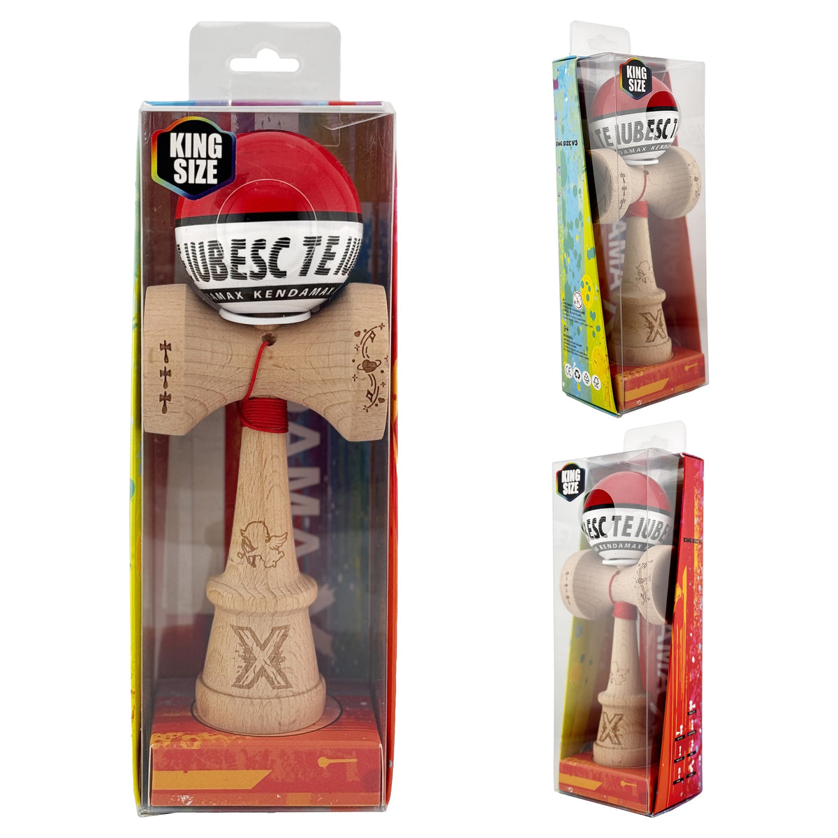 Kendama X Valentine's Day Originala, Model V3 Rosu / Alb, Profesionala, Cupe Mari King Size, Super Sticky, Gaura in Baza, Rulment, Ata 62cm