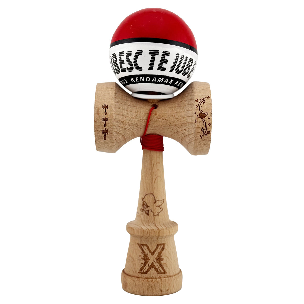 Kendama X Valentine's Day Originala, Model V3 Rosu / Alb, Profesionala, Cupe Mari King Size, Super Sticky, Gaura in Baza, Rulment, Ata 62cm