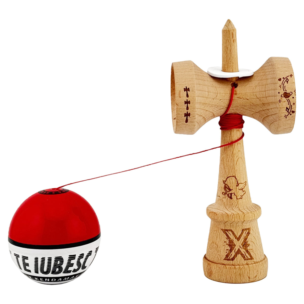Kendama X Valentine's Day Originala, Model V3 Rosu / Alb, Profesionala, Cupe Mari King Size, Super Sticky, Gaura in Baza, Rulment, Ata 62cm