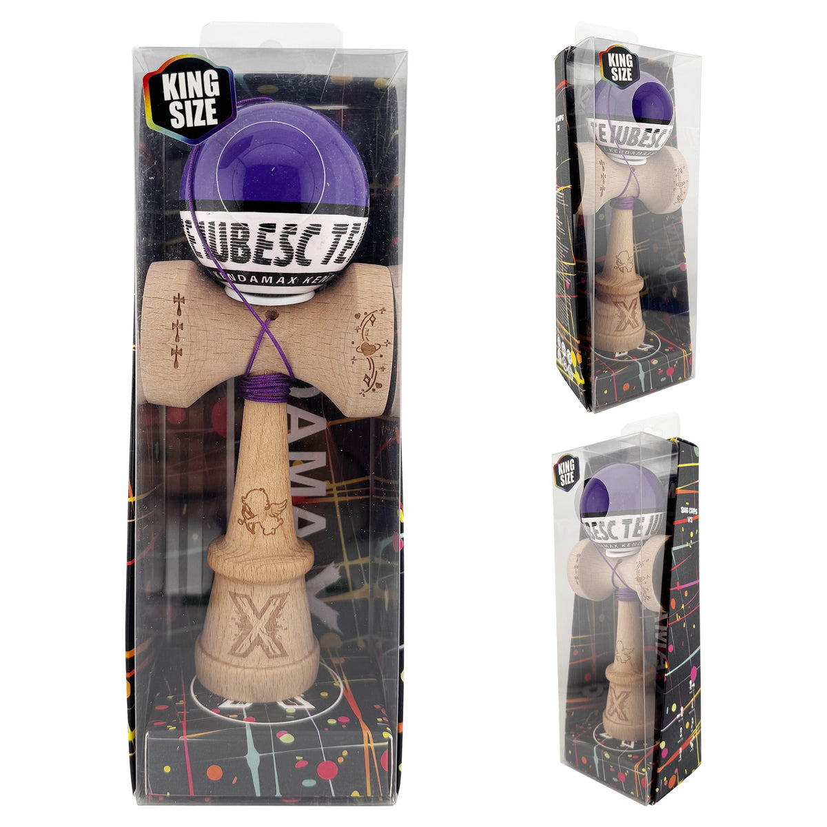 Kendama X Valentine's Day Originala, Model V3 Violet / Alb, Profesionala, Cupe Mari King Size, Super Sticky, Gaura in Baza, Rulment, Ata 62cm