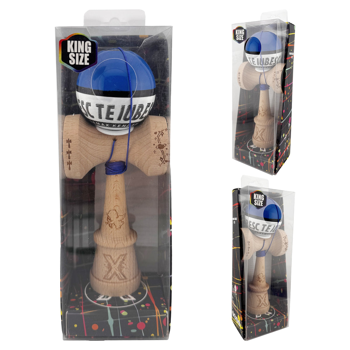 Kendama X Valentine's Day Originala, Model V3 Albastru / Alb, Profesionala, Cupe Mari King Size, Super Sticky, Gaura in Baza, Rulment, Ata 62cm