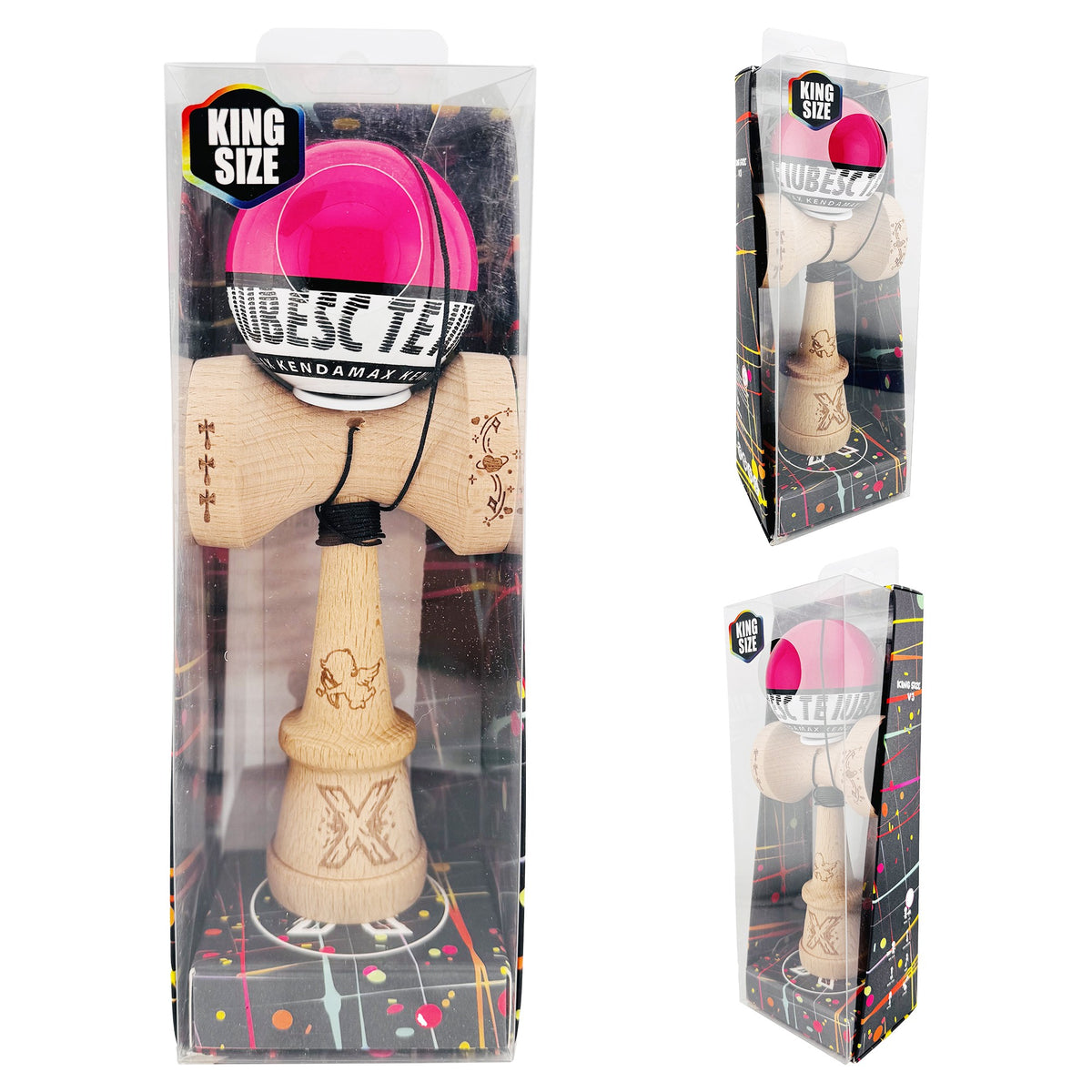 Kendama X Valentine's Day Originala, Model V3 Roz / Alb, Profesionala, Cupe Mari King Size, Super Sticky, Gaura in Baza, Rulment, Ata 62cm