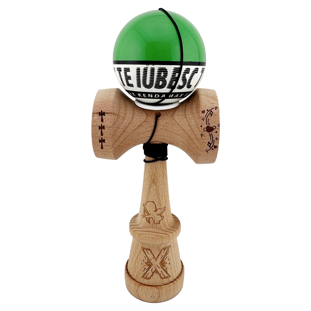 Kendama X Valentine's Day Originala, Model V3 Verde / Alb, Profesionala, Cupe Mari King Size, Super Sticky, Gaura in Baza, Rulment, Ata 62cm