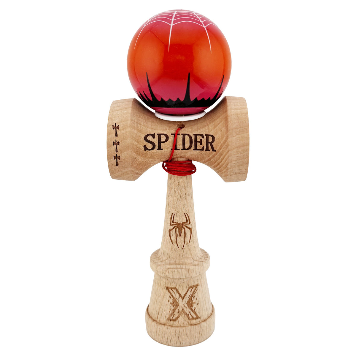 Kendama X Spider King Originala, Model V3 Rosu / Maro, Profesionala, Cupe Mari King Size, Super Sticky, Gaura in Baza, Rulment, Ata 62cm
