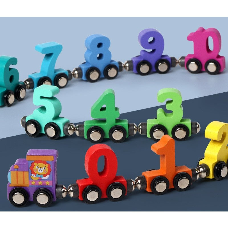 Trenulet Magnetic Educativ, Model Cifre pentru Invatare Timpurie, Jucarie de Asamblat, Lemn Natural, 62 cm, Multicolor
