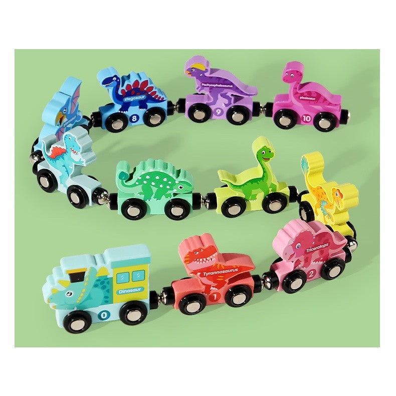 Trenulet Magnetic Educativ cu Dinozauri, Jucarie de Asamblat pentru Dezvoltare Cognitiva, Lemn Naturale, 10 Piese, +3 Ani, Multicolor