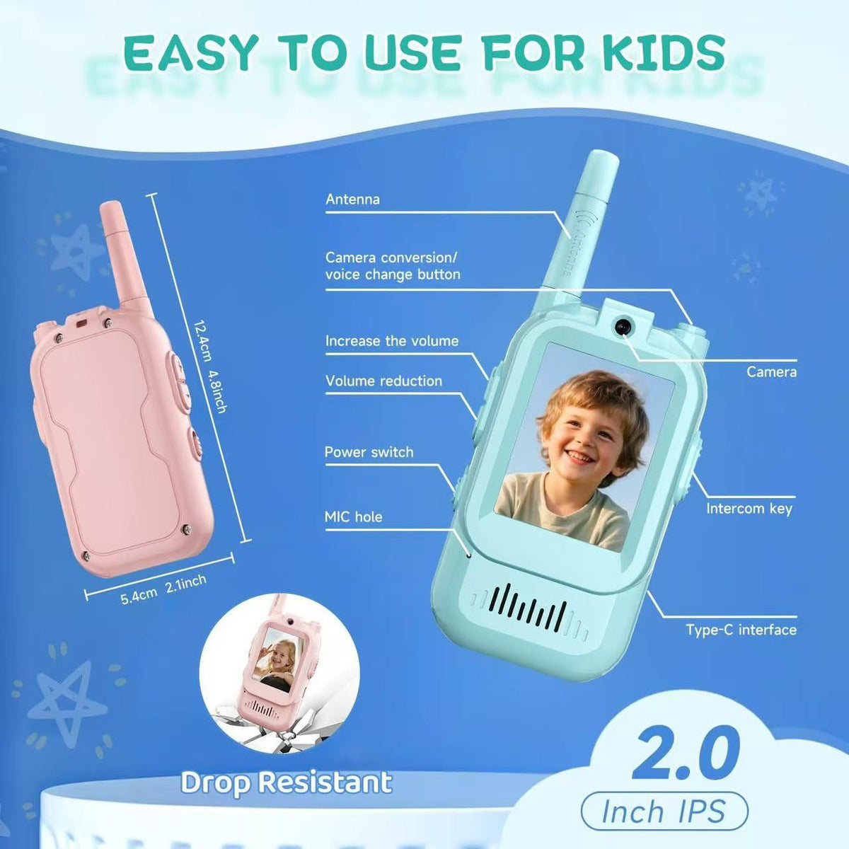 Set Walkie Talkie WiFi pentru Copii cu Apel Video, Ecran 2 Inch si Efecte Voce, Raza 500 m, Reincarcabil USB Type-C, Plastic Rezistent, Set 2 Statii, Roz/Albastru