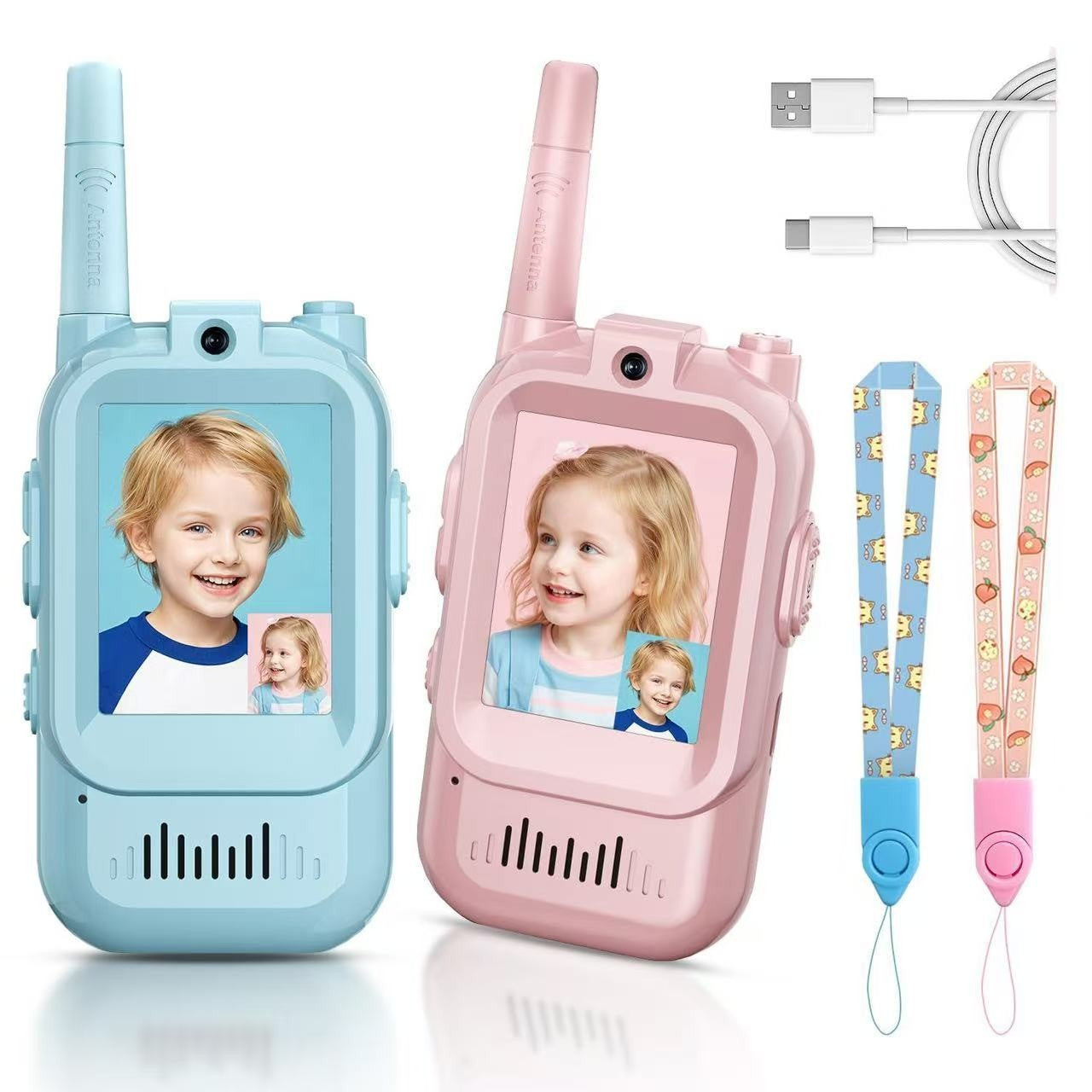 Set Walkie Talkie WiFi pentru Copii cu Apel Video, Ecran 2 Inch si Efecte Voce, Raza 500 m, Reincarcabil USB Type-C, Plastic Rezistent, Set 2 Statii, Roz/Albastru