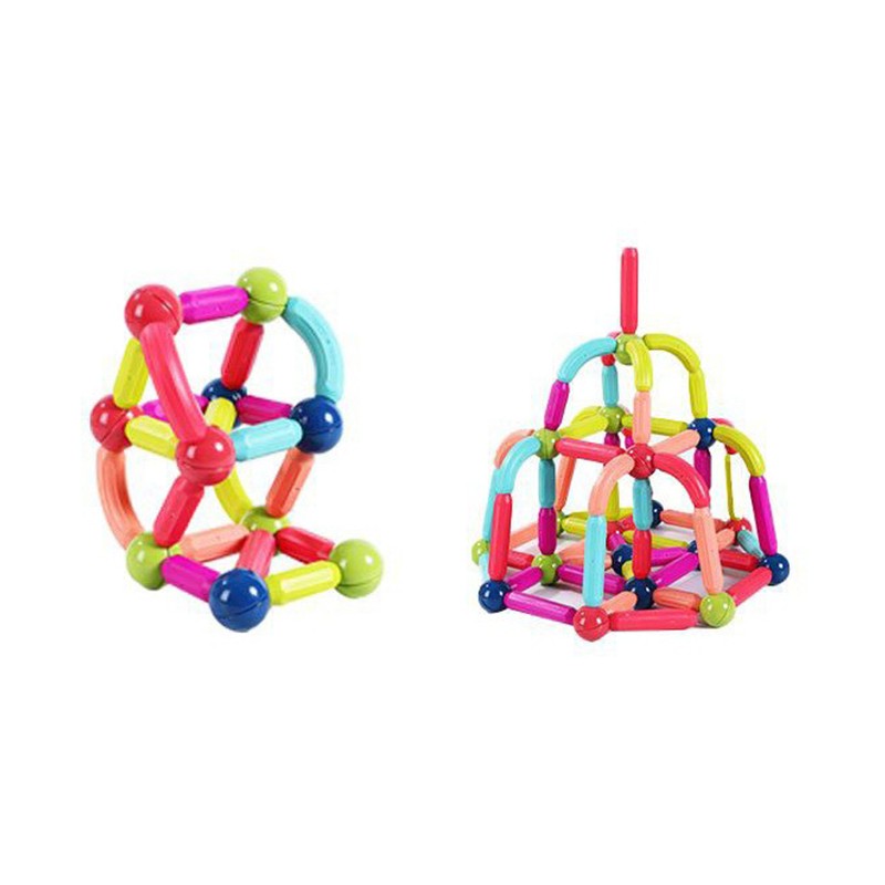 Set de Constructie Magnetic pentru Copii, Joc Educativ STEM 2D si 3D, Plastic cu Magneti Integrati, 64 Piese, Multicolor