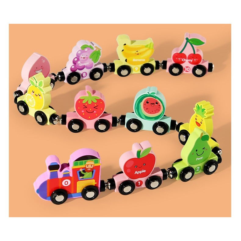 Trenulet Magnetic Educativ cu 10 Vagoane Fructe, Jucarie de Asamblat pentru Dezvoltarea Motricitatii, Lemn, Multicolor, +3 Ani