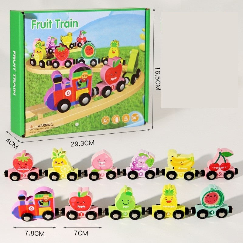 Trenulet Magnetic Educativ cu 10 Vagoane Fructe, Jucarie de Asamblat pentru Dezvoltarea Motricitatii, Lemn, Multicolor, +3 Ani