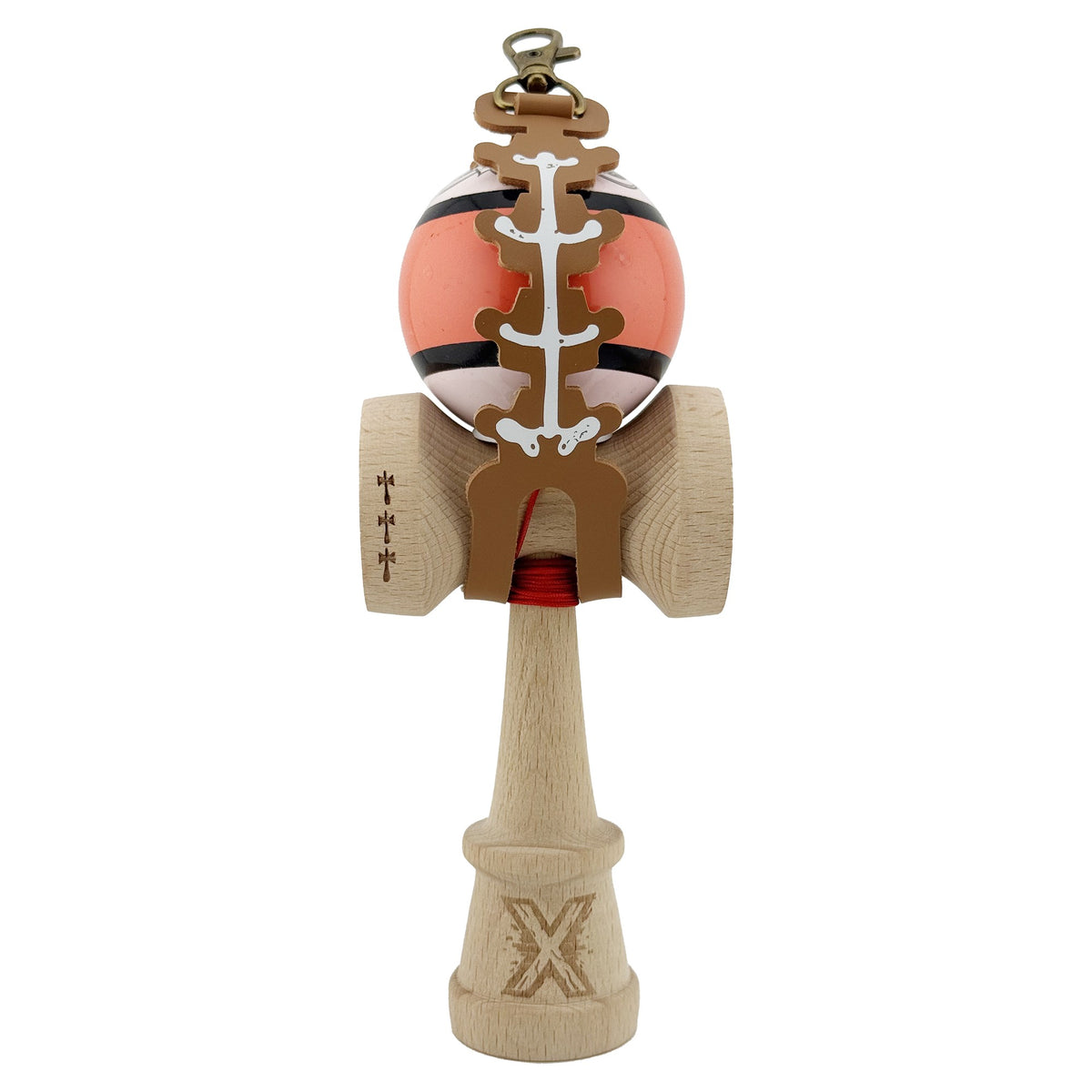 Husa pentru Kendama, Tip Breloc si Pandativ, Imprimeu Skull, Protectie si Transport, Piele Ecologica, 26 x 3.2 cm, Maro