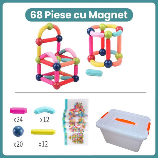Set Constructor Magnetic Pentru Copii, Piese Magnetice Educative 2D si 3D, Joc de Constructie Tip STEM, Plastic Rezistent, 68 Piese, Multicolor