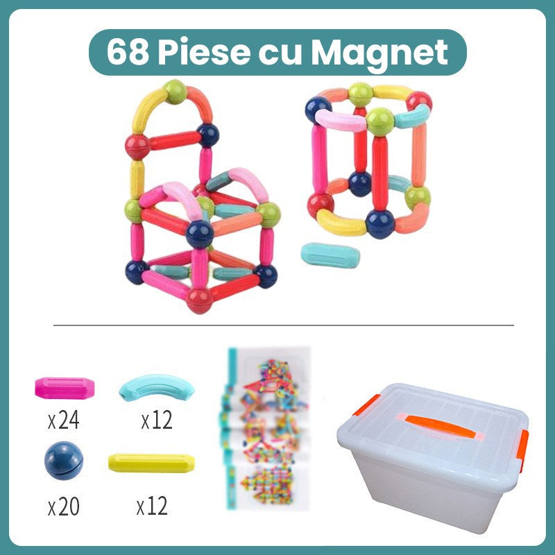 Set Constructor Magnetic Pentru Copii, Piese Magnetice Educative 2D si 3D, Joc de Constructie Tip STEM, Plastic Rezistent, 68 Piese, Multicolor