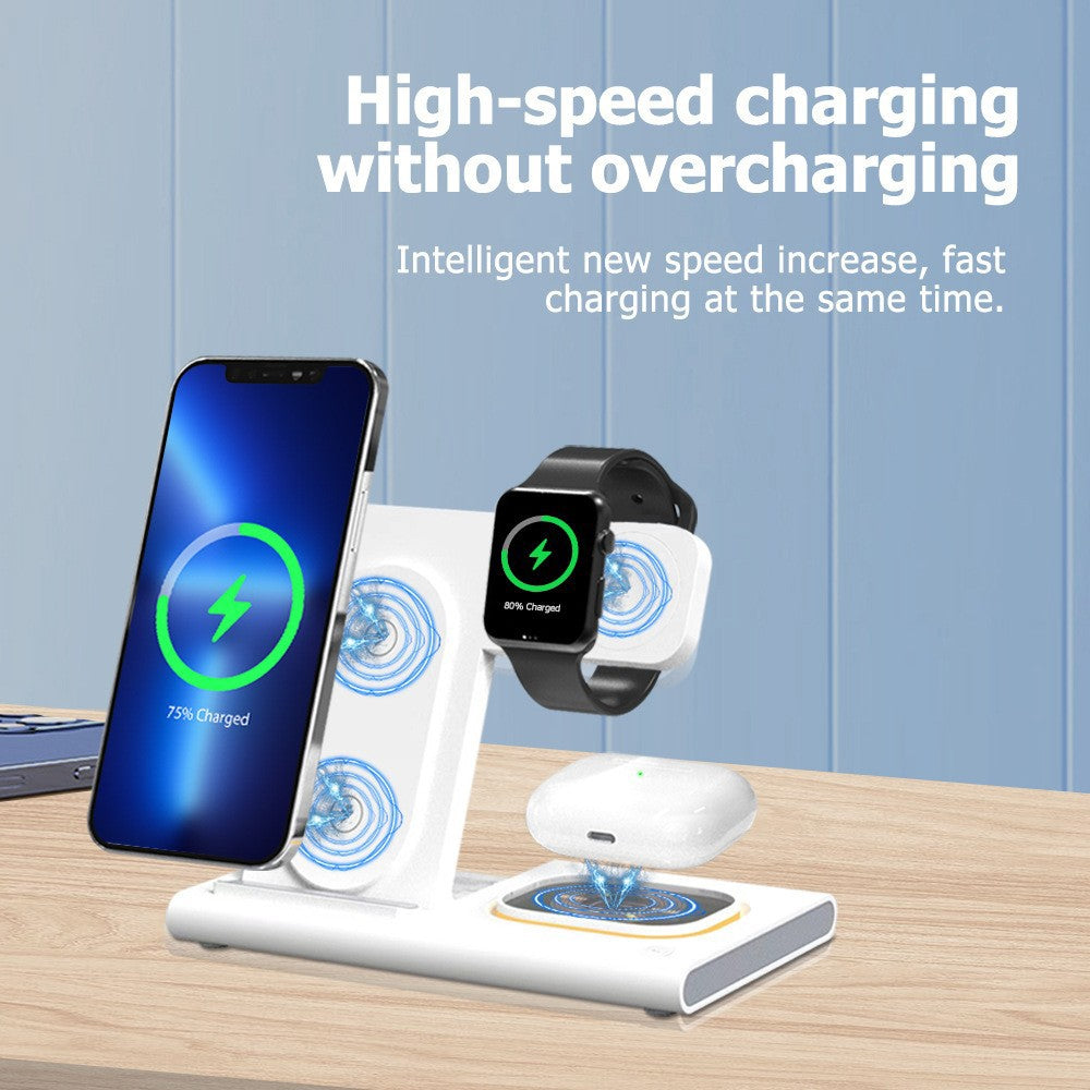 Incarcator Wireless 3 in 1 Fast Charger, Statie de Incarcare Rapida 15W, Design Pliabil pentru iPhone, Apple Watch si AirPods, ABS, 16.5 x 14 x 9.5 cm, Alb