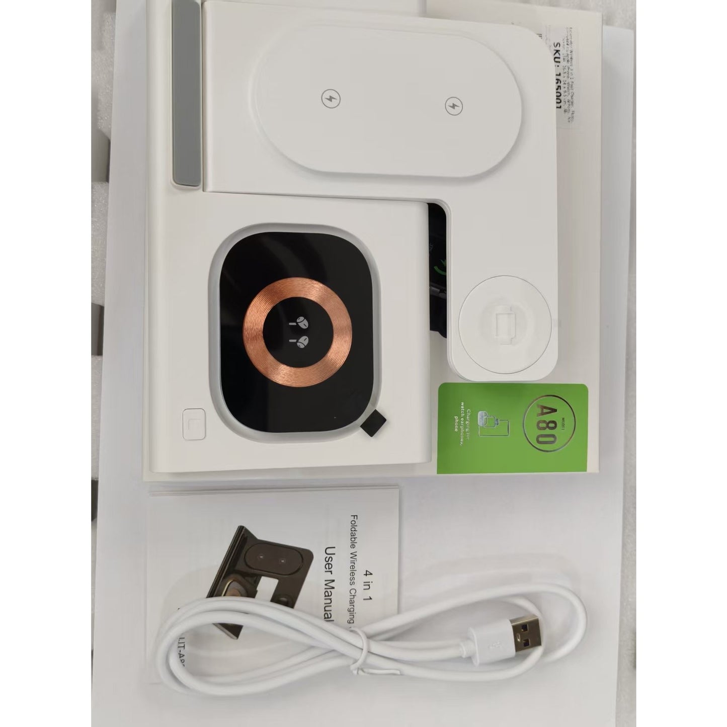 Incarcator Wireless 3 in 1 Fast Charger, Statie de Incarcare Rapida 15W, Design Pliabil pentru iPhone, Apple Watch si AirPods, ABS, 16.5 x 14 x 9.5 cm, Alb
