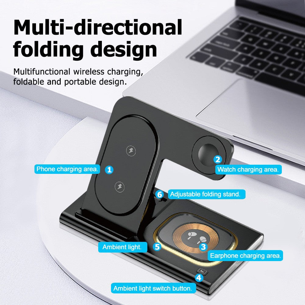 Incarcator Wireless 3 in 1, Statie de Incarcare Rapida 15W pentru iPhone, Apple Watch si AirPods, Design Pliabil si Portabil, Plastic ABS, 16.5 x 14 x 9.5 cm, Negru