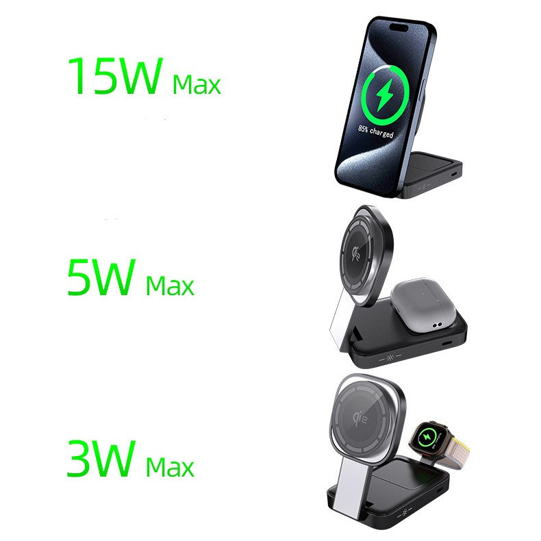 Statie de Incarcare MagSafe 3 in 1, Incarcator Wireless Magnetic Fast Charge 23W, Suport Pliabil si Portabil, Compatibil cu iPhone, Apple Watch si AirPods, 11 x 6.5 x 2.9 cm, Negru