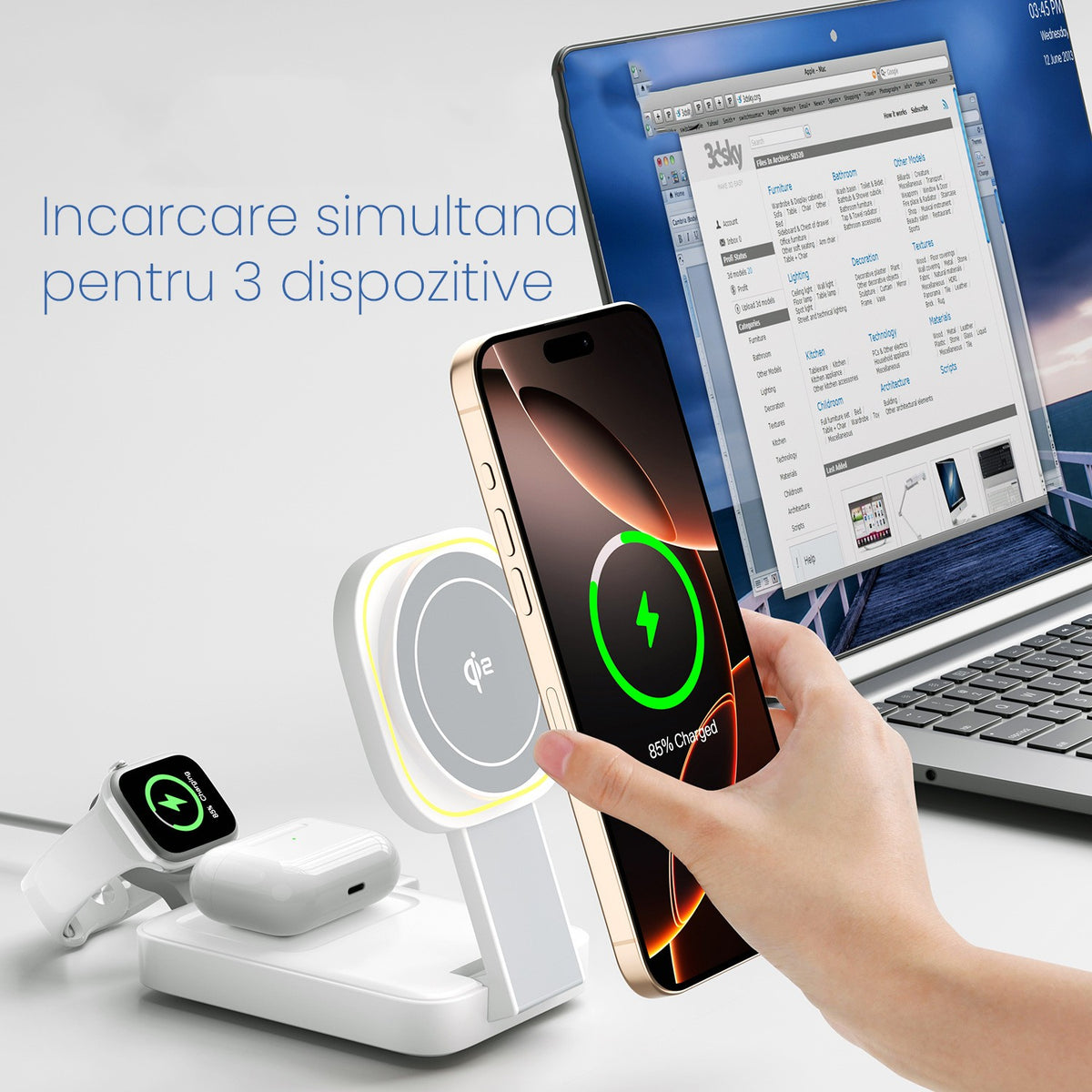 Statie Incarcare Wireless 3 in 1, Incarcator Magnetic MagSafe Fast Charge 23W, Suport Pliabil pentru iPhone, Apple Watch si AirPods, ABS, 11 x 6.5 x 2.9 cm, Alb Ivory