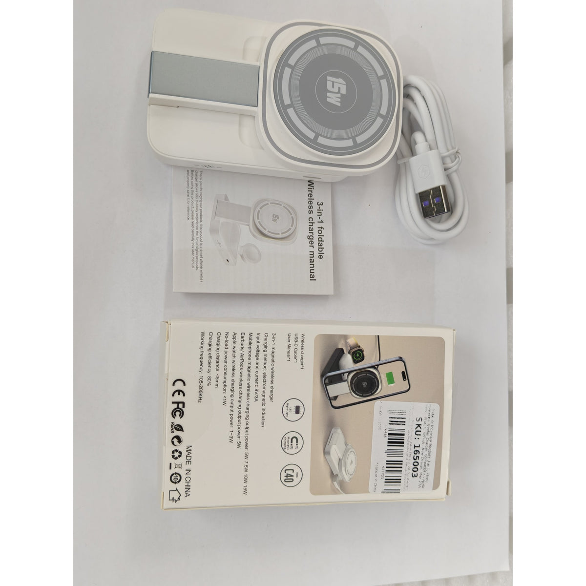Statie Incarcare Wireless 3 in 1, Incarcator Magnetic MagSafe Fast Charge 23W, Suport Pliabil pentru iPhone, Apple Watch si AirPods, ABS, 11 x 6.5 x 2.9 cm, Alb Ivory
