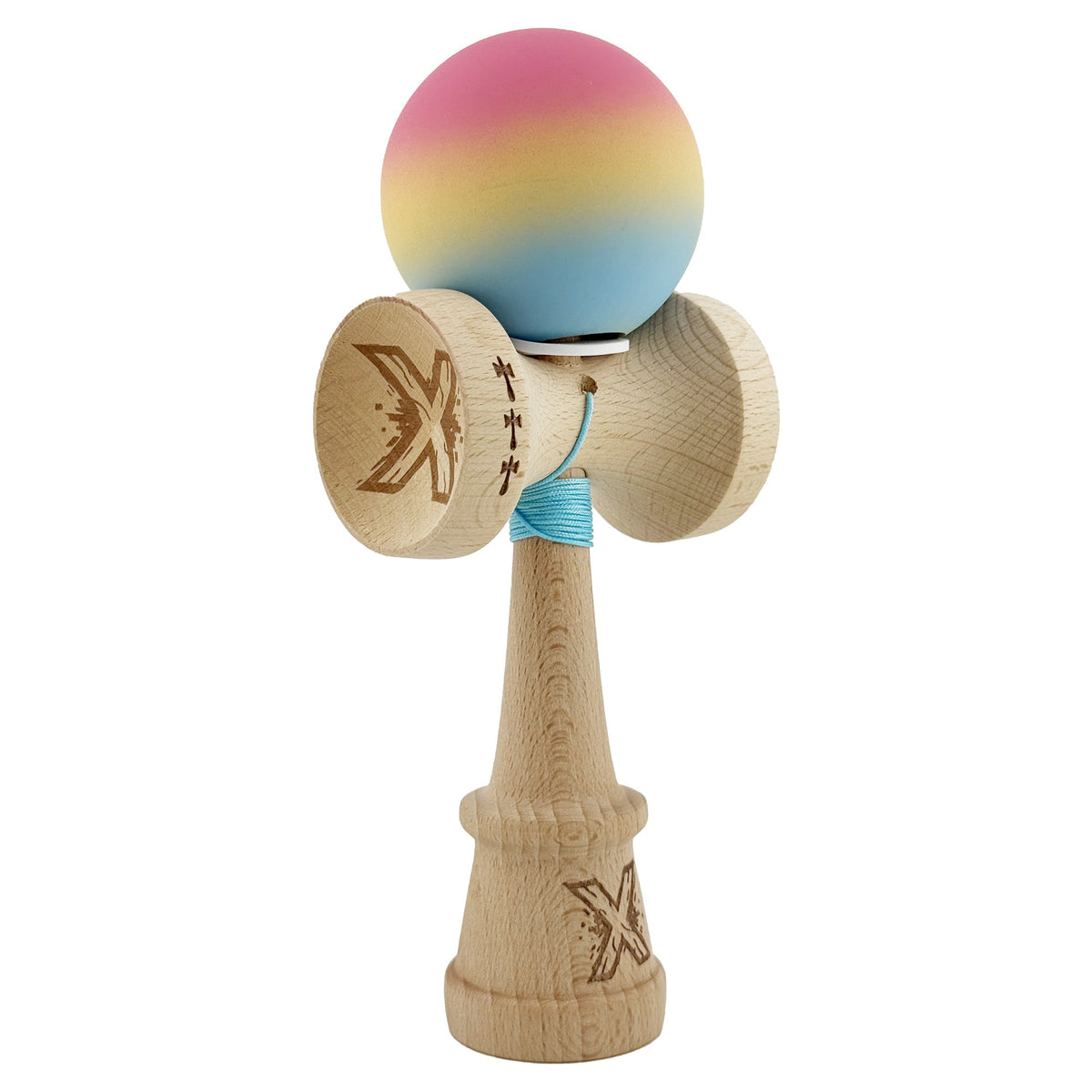 Kendama X Originala, Model V3 Roz / Galben / Albastru Deschis in Degrade, Profesionala, Cupe Mari King Size, Rubber Grip, Gaura in Baza, Rulment, Ata 55cm