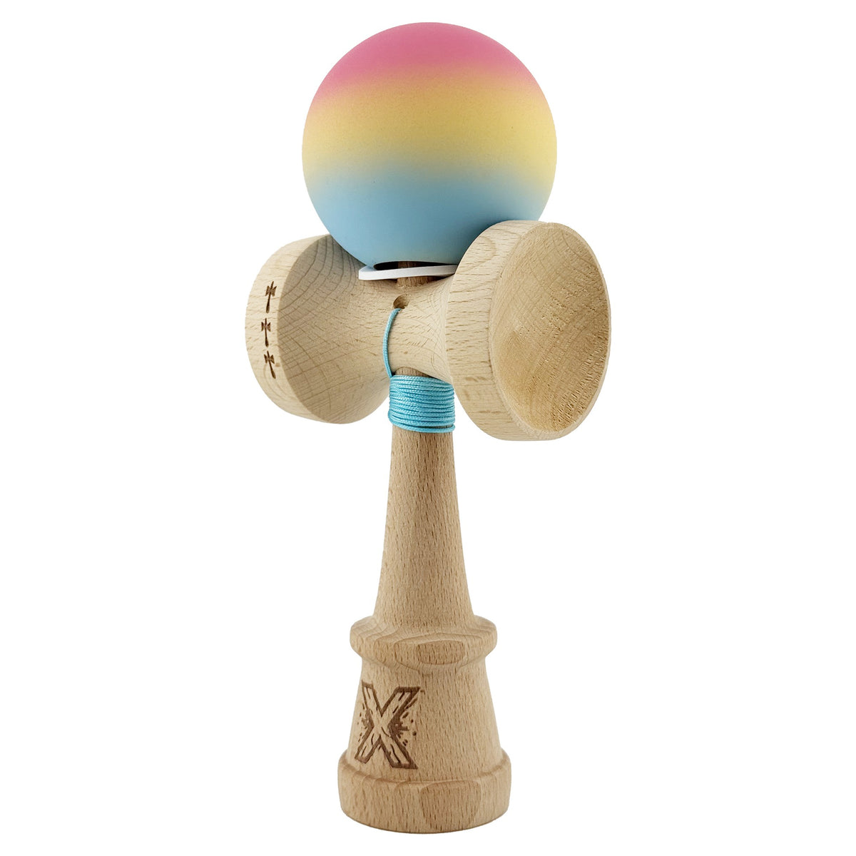Kendama X Originala, Model V3 Roz / Galben / Albastru Deschis in Degrade, Profesionala, Cupe Mari King Size, Rubber Grip, Gaura in Baza, Rulment, Ata 55cm