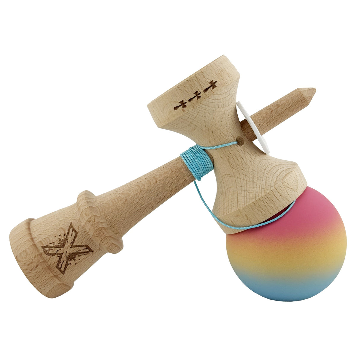 Kendama X Originala, Model V3 Roz / Galben / Albastru Deschis in Degrade, Profesionala, Cupe Mari King Size, Rubber Grip, Gaura in Baza, Rulment, Ata 55cm