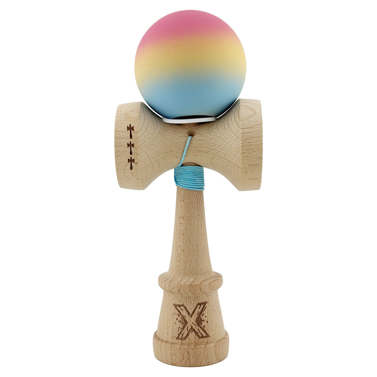 Kendama X Originala, Model V3 Roz / Galben / Albastru Deschis in Degrade, Profesionala, Cupe Mari King Size, Rubber Grip, Gaura in Baza, Rulment, Ata 55cm