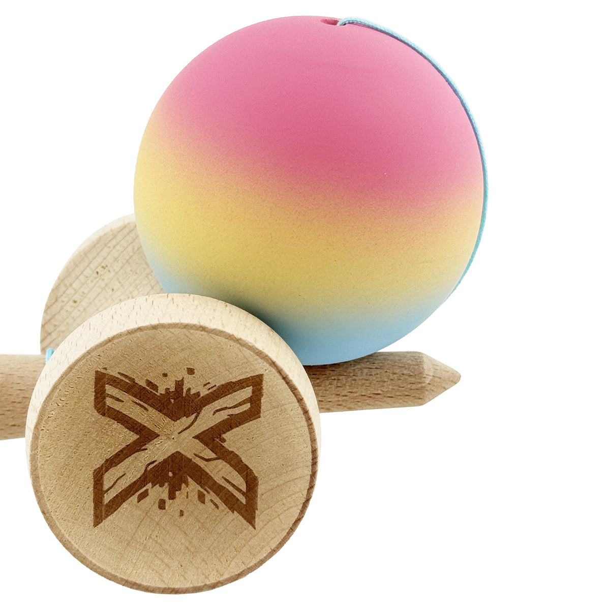Kendama X Originala, Model V3 Roz / Galben / Albastru Deschis in Degrade, Profesionala, Cupe Mari King Size, Rubber Grip, Gaura in Baza, Rulment, Ata 55cm