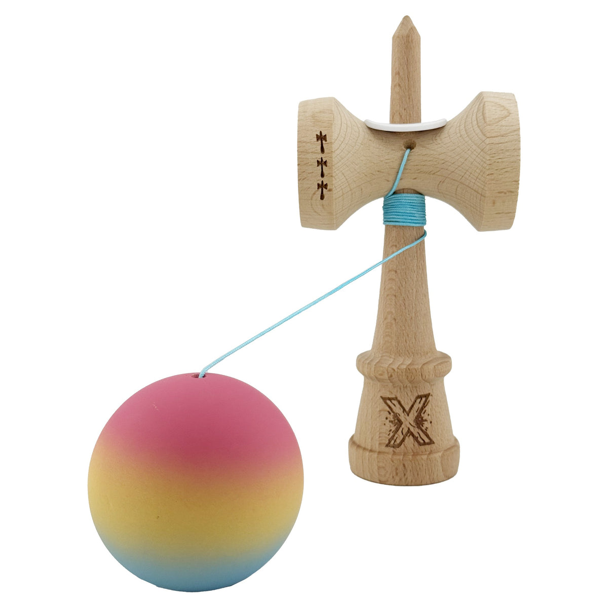 Kendama X Originala, Model V3 Roz / Galben / Albastru Deschis in Degrade, Profesionala, Cupe Mari King Size, Rubber Grip, Gaura in Baza, Rulment, Ata 55cm