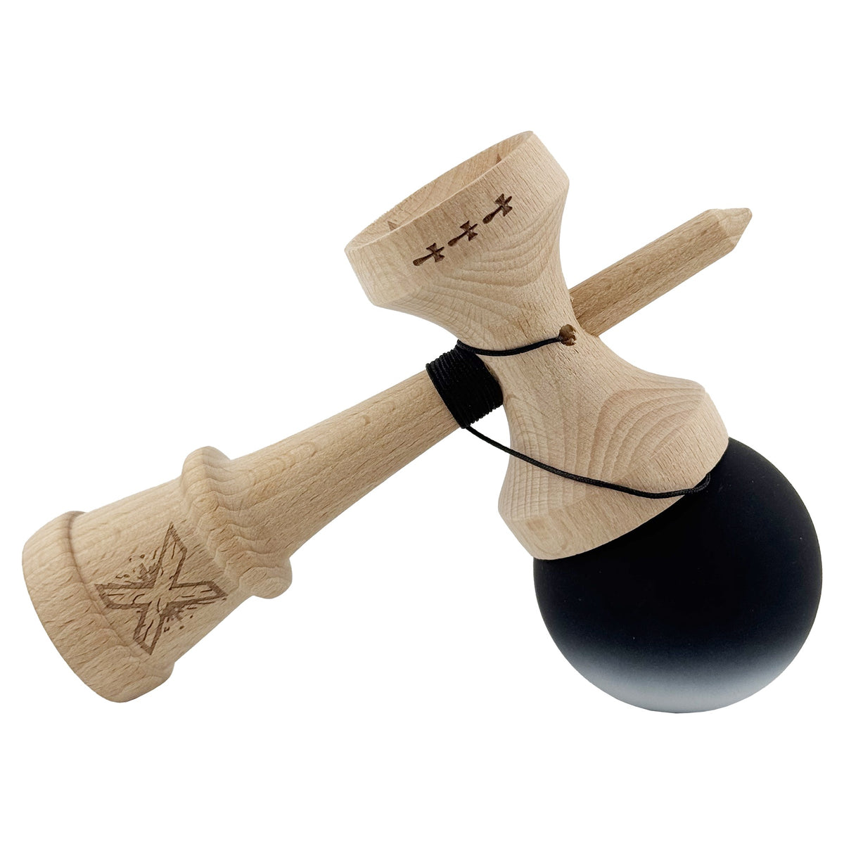 Kendama X Originala, Model V3 Negru / Alb in Degrade, Profesionala, Cupe Mari King Size, Rubber Grip, Gaura in Baza, Rulment, Ata 55cm