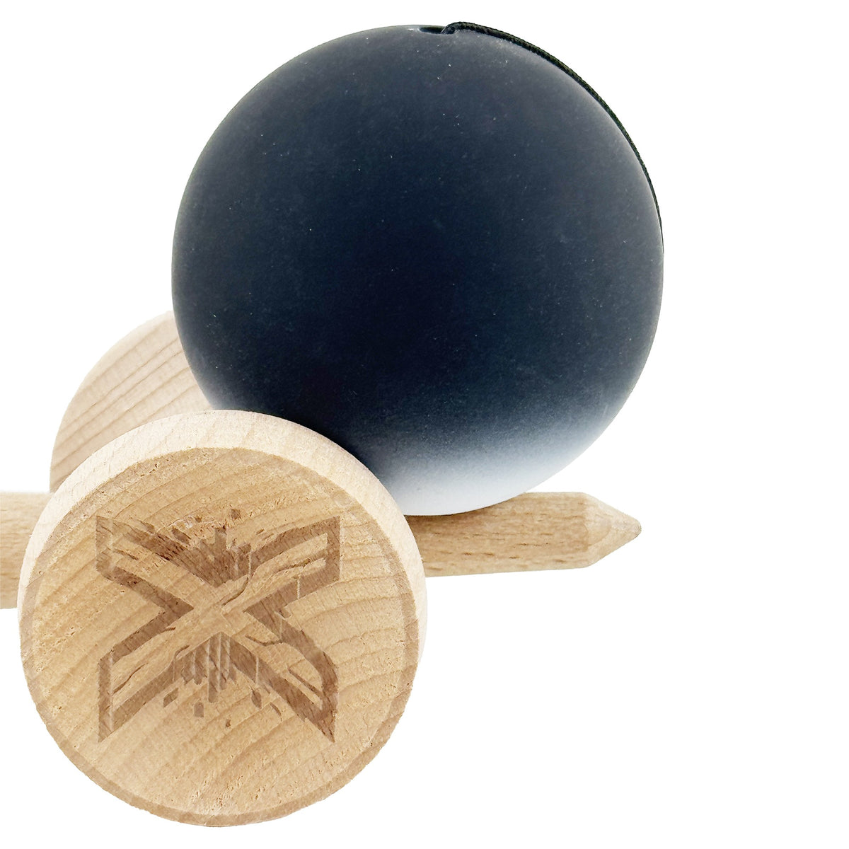 Kendama X Originala, Model V3 Negru / Alb in Degrade, Profesionala, Cupe Mari King Size, Rubber Grip, Gaura in Baza, Rulment, Ata 55cm