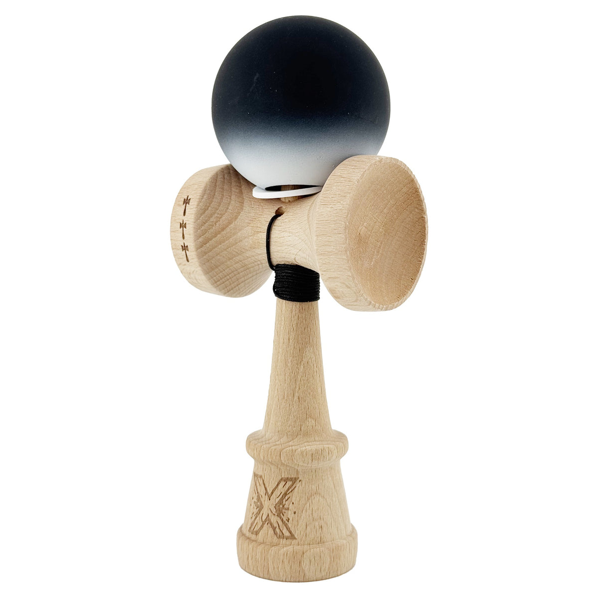 Kendama X Originala, Model V3 Negru / Alb in Degrade, Profesionala, Cupe Mari King Size, Rubber Grip, Gaura in Baza, Rulment, Ata 55cm