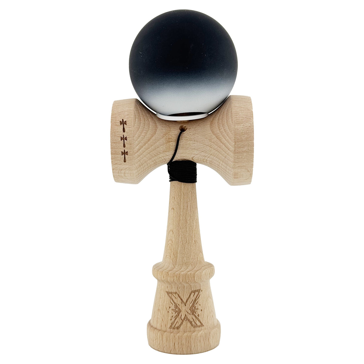 Kendama X Originala, Model V3 Negru / Alb in Degrade, Profesionala, Cupe Mari King Size, Rubber Grip, Gaura in Baza, Rulment, Ata 55cm