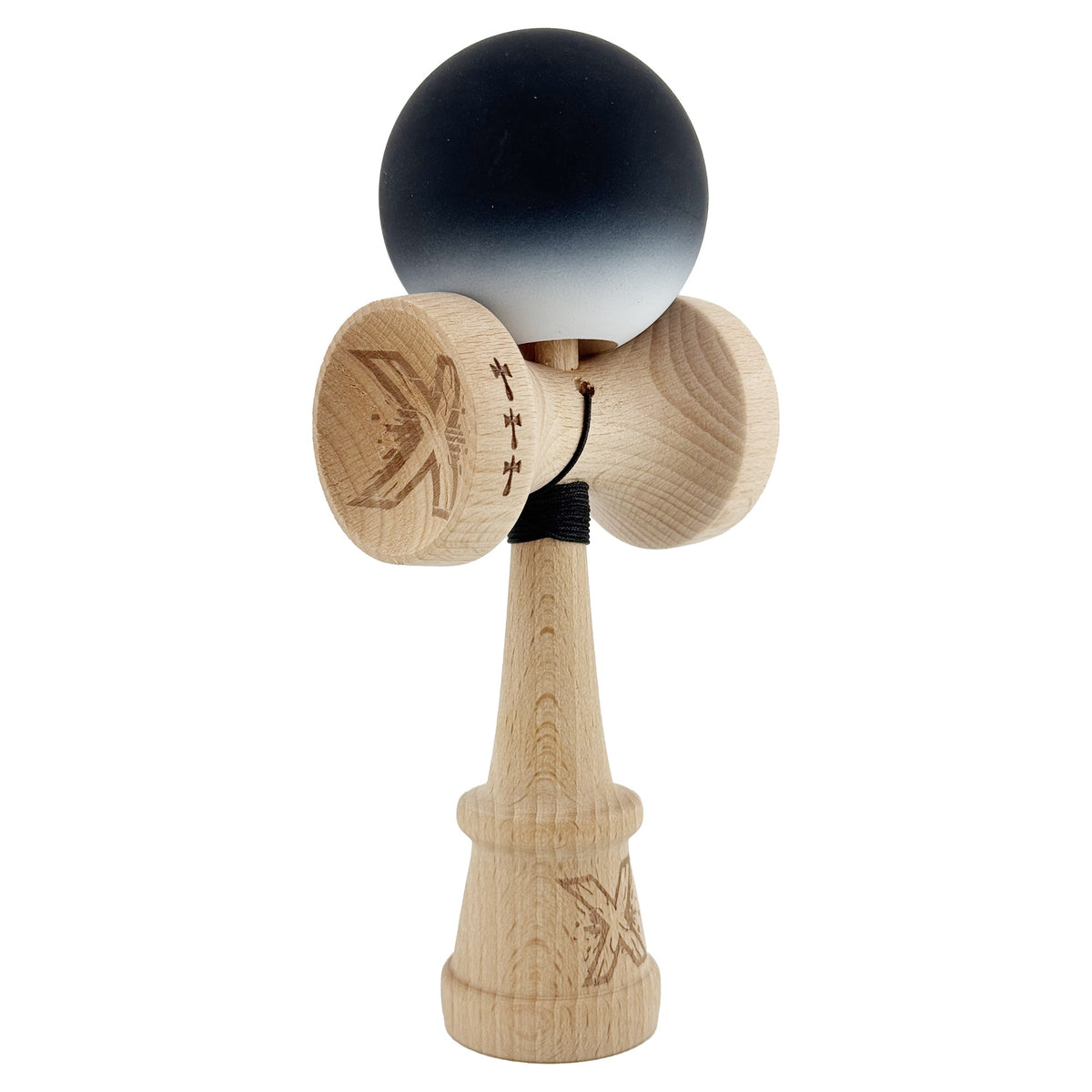 Kendama X Originala, Model V3 Negru / Alb in Degrade, Profesionala, Cupe Mari King Size, Rubber Grip, Gaura in Baza, Rulment, Ata 55cm