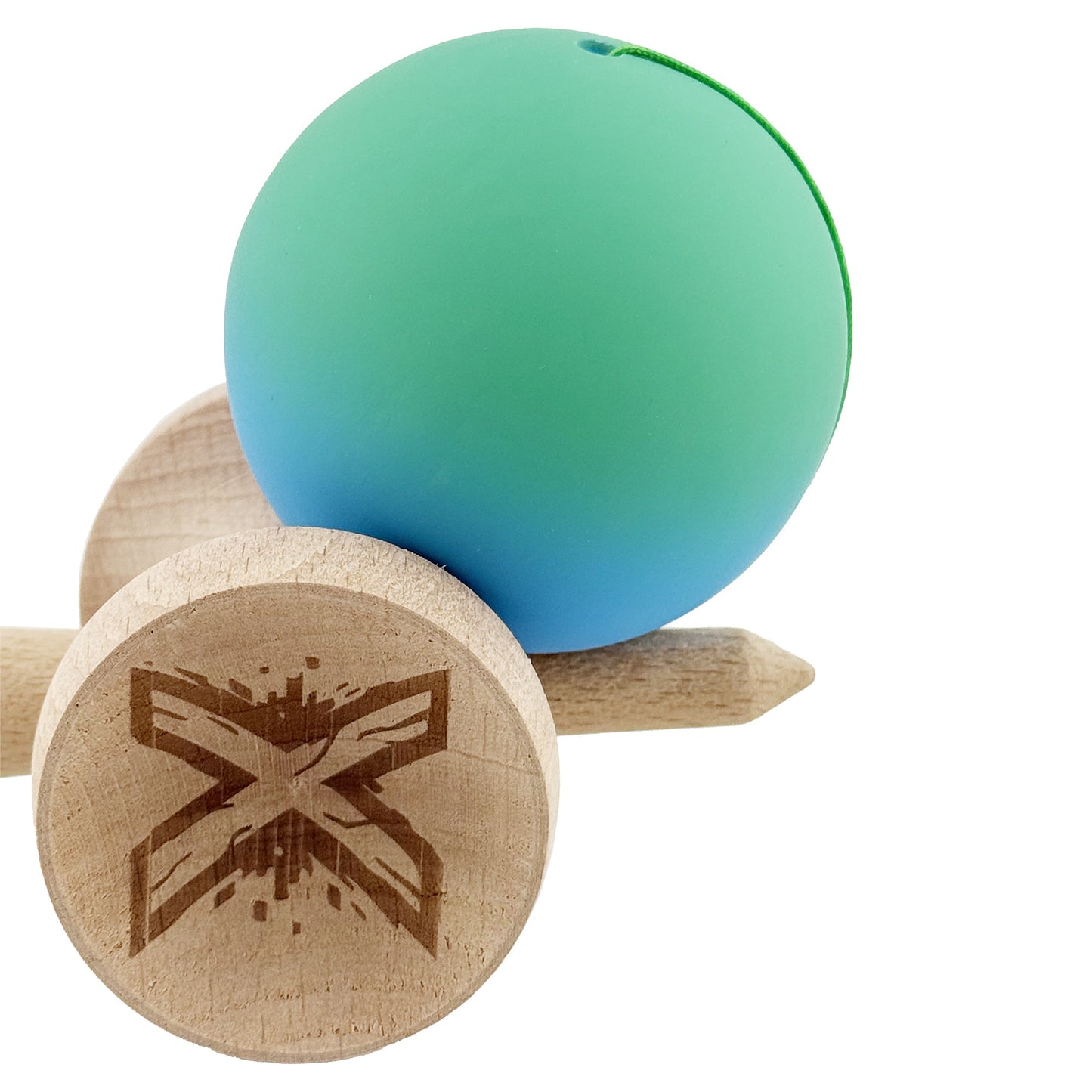 Kendama X Originala, Model V3 Verde / Albastru in Degrade, Profesionala, Cupe Mari King Size, Rubber Grip, Gaura in Baza, Rulment, Ata 55cm