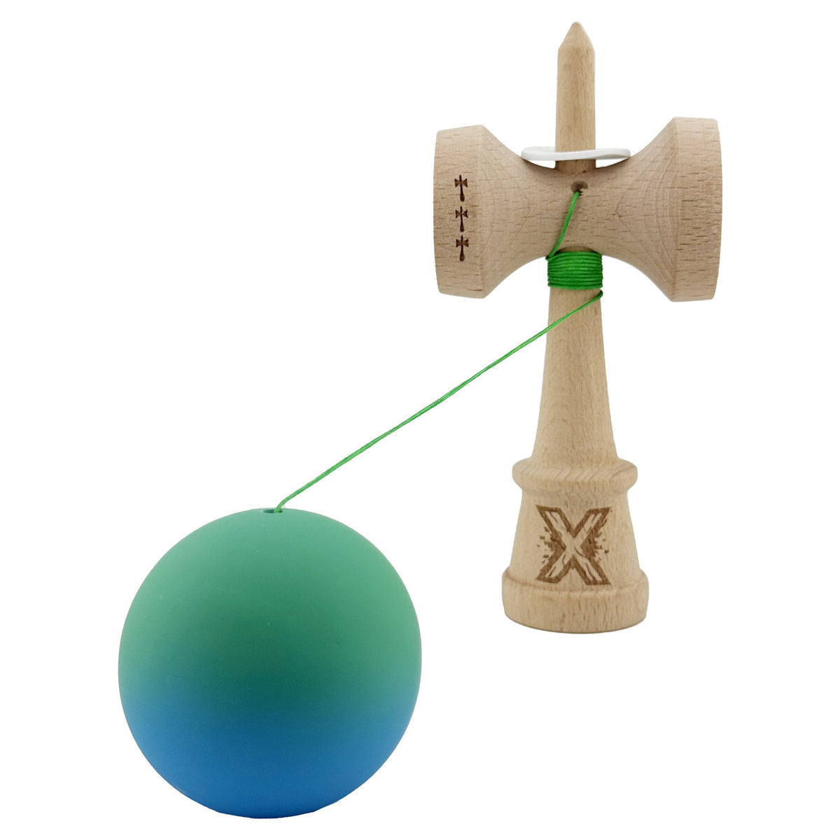 Kendama X Originala, Model V3 Verde / Albastru in Degrade, Profesionala, Cupe Mari King Size, Rubber Grip, Gaura in Baza, Rulment, Ata 55cm